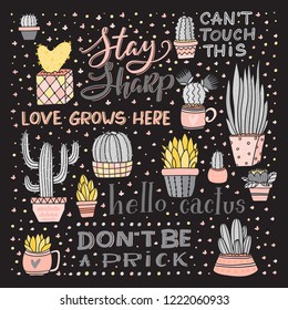 Vector illustration of bright cacti, aloe and leaves in pots and lettering. Collection of exotic plants. Decorative natural elements  Cactus with flowers.