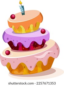 ilustración vectorial de una torta brillante con una vela. Ilustración para cumpleaños, para imprimir en postales y etiquetas, etiqueta, logo de una empresa de repostería.