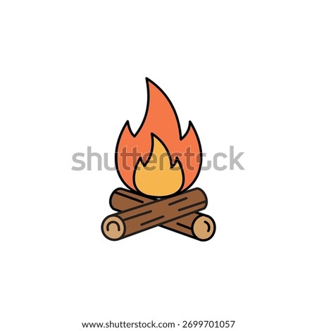 Vector illustration of a bright campfire on stacked logs, symbolizing camping, warmth, nature, adventure, and outdoor recreation.