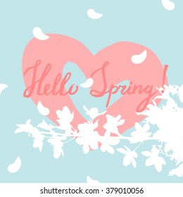 Vector illustration of the bright card design with white blooming brunch, petals, heart and text Hello spring on the blue background. Fresh vector design for banners, greeting cards, spring sales.