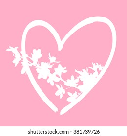 Vector illustration of the bright card design with white blooming branch and heart on the pink background. Fresh vector design for banners, valentine cards, wedding invitations.