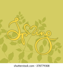 Vector illustration of the bright card with yellow text Spring and floral element on the green background. Fresh vector design for banners, greeting cards, spring sales.