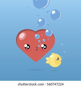 Vector illustration. Bright cartoon. Emotional, smiling, heart and cute fish under the water. Cheerful and funny. Kawai, detailed:  eyes, mouth, bubless.
Poster, flyer, wallpaper, background.