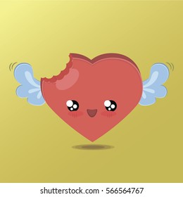 Vector illustration. Bright cartoon. Emotional, smiling, flying heart. Cheerful, cute and funny. Kawai, detailed:  wings, flapping, eyes, mouth, bite.