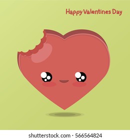 Vector illustration. Bright cartoon. Emotional bitten heart. Cheerful, cute and funny. Kawai, detailed:  eyes, mouth, bite.