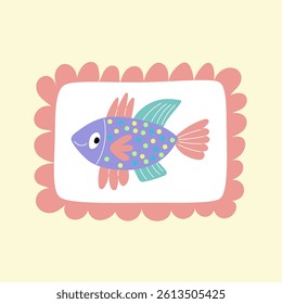 Vector illustration of a bright cartoon fish in a pink scalloped frame. Perfect for kids designs, posters, and sea-themed projects.