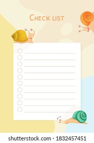 Vector illustration of a bright checklist with cute charming funny snails in a cartoon style. Stationery for children and teenagers, organizer and planner