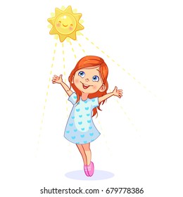 Vector illustration of bright cheerful little girl draws her hands to the sun. Cutout sunny child personage.