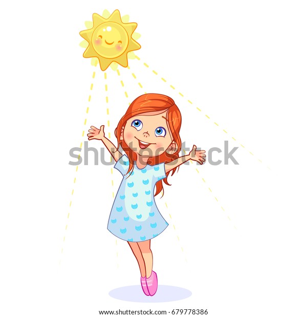 明るい明るい小さな女の子のベクターイラストが 彼女の手を太陽に引き寄せます カットアウトの晴れた子ども のベクター画像素材 ロイヤリティフリー