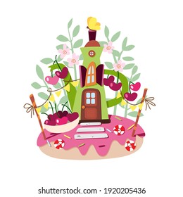 Vector illustration. Bright cherry house.