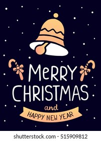 Vector illustration of bright christmas bell with cane, handwritten text merry christmas on dark blue background with snow. Flat style design for web, site, banner, poster, print, greeting card