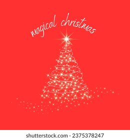 Vector illustration. Bright Christmas tree on a red background. The inscription above the tree: Magical Christmas". Greeting, greeting, Christmas, Christmas tree, holidays, vector.
