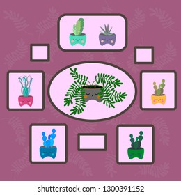 Vector illustration of bright co-clients and cacti in frames on the wall on the background of delicate wallpaper. Decorative natural elements on isolated background - vector graphics