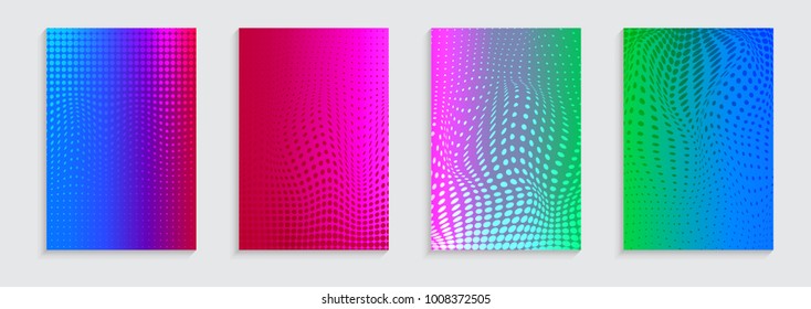 Vector illustration of bright color abstract pattern background with halftone motif for minimal dynamic cover design. Blue, pink, yellow, green placard poster template