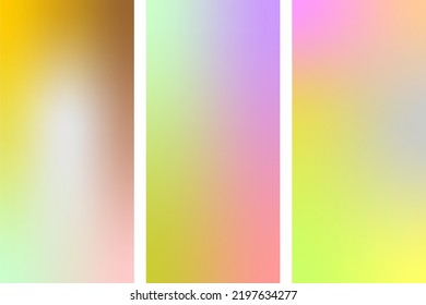 Vector illustration of bright color abstract pattern background gradient texture set for minimal dynamic cover design. Multicolored placard poster template. Blured gradience