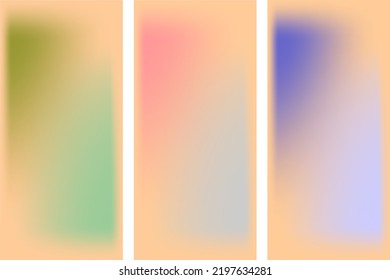 Vector illustration of bright color abstract pattern background gradient texture set for minimal dynamic cover design. Multicolored placard poster template. Blured gradience