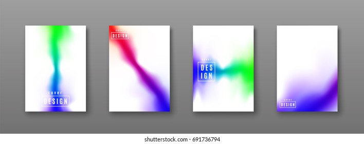 Vector illustration of bright color abstract blur pattern background set with blurred gradient 3d liquid texture for minimal dynamic cover design. Blue, red, green poster template