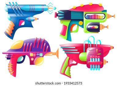 Vector illustration of bright color blasters. Set of objects on white background.
