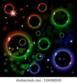 Vector illustration of bright color circles and rings with highlights and sparks on a dark background. Neon light effect, brilliant magic banner.