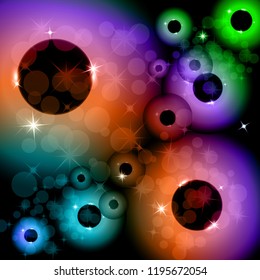 Vector illustration of bright color circles and rings with highlights and sparks on a dark background. Neon light effect, brilliant magic banner.
