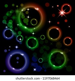 Vector illustration of bright color circles and rings with highlights and sparks on a dark background. Neon light effect, brilliant magic banner.