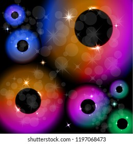 Vector illustration of bright color circles and rings with highlights and sparks on a dark background. Neon light effect, brilliant magic banner.