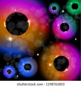 Vector illustration of bright color circles and rings with highlights and sparks on a dark background. Neon light effect, brilliant magic banner.
