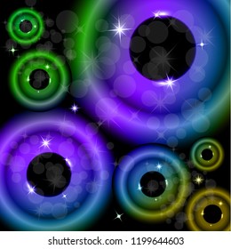 Vector illustration of bright color circles and rings with highlights and sparks on a dark background. Neon light effect, brilliant magic banner.