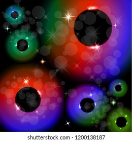 Vector illustration of bright color circles and rings with highlights and sparks on a dark background. Neon light effect, brilliant magic banner.