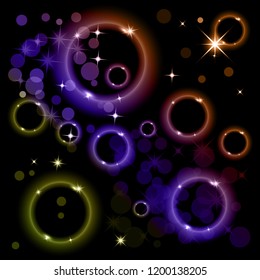 Vector illustration of bright color circles and rings with highlights and sparks on a dark background. Neon light effect, brilliant magic banner.
