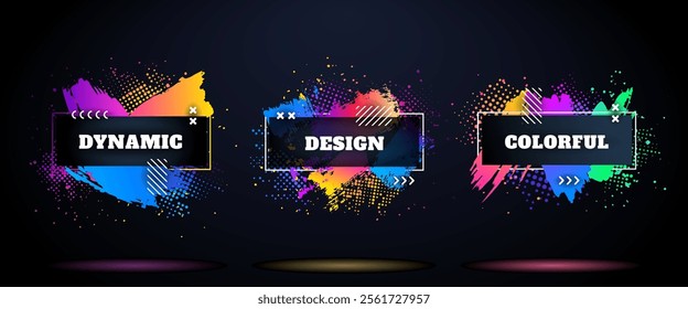 Vector illustration. Bright color dynamic backgrounds set. Modern art graphic. Ink brush stroke frame with text. Paint splash and halftone dots. Design elements for poster, advertising, web banners