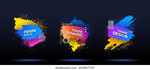 Vector illustration. Bright color dynamic backgrounds set. Modern art graphic. Ink brush stroke frame with text. Paint splash and halftone dots. Design elements for poster, advertising, web banners
