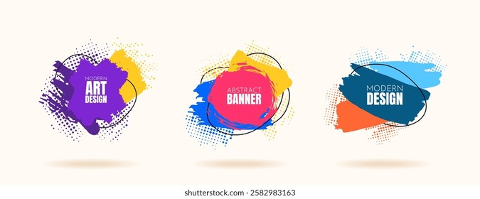 Vector illustration. Bright color dynamic banners set. Modern art graphic. Ink brush stroke frame with text. Paint splash and halftone dots. Design elements for poster, advertising, web template