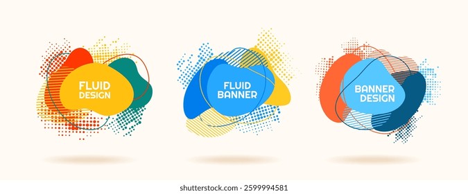 Vector illustration. Bright color dynamic banners set. Modern art graphic. Fluid shape frame with text, lines and halftone dots. Design elements for marketing, poster, card, ad banner, web template