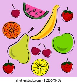 Vector illustration of bright color set of fruits. Vector ilustration.
