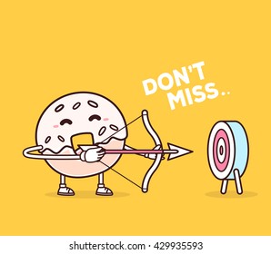Vector illustration of bright color smile donut shooting arrows on yellow background. Creative archery cartoon donut concept. Doodle style. Thin line art flat design of donut business target, planning