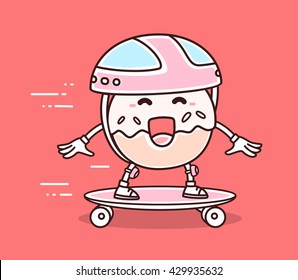 Vector illustration of bright color smile donut in helmet riding skateboard on red background. Skateboard cartoon donut concept. Doodle style. Thin line art flat design of character donut skateboard