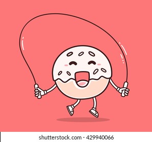 Vector illustration of bright color smile donut with skipping rope on red background. Fitness cartoon donut concept. Doodle style. Thin line art flat design of character donut for sport, lose weight