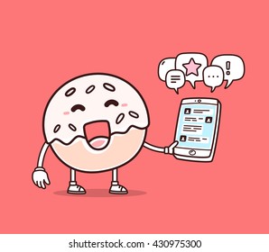 Vector illustration of bright color smile donut holding phone on red background. Chatting cartoon donut concept. Doodle style. Thin line art flat design of character donut for mobile communication