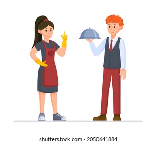 Vector illustration. Bright colored vector cartoon banner. Waiter and restaurant cleaner standing isolated on white background. 