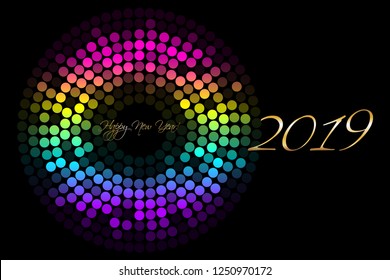 Vector illustration of Bright, colored and glowing disco ball. Happy New Year 2019!