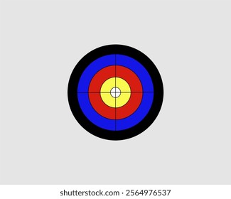 Vector illustration, bright and colorful archery target with black, red, blue and yellow concentric circles. Perfect for accuracy, sports, archery, competition and goal setting themes.