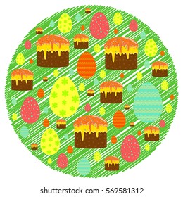 Vector illustration of bright colorful decorated Easter eggs and Easter cakes in marker drawn circle