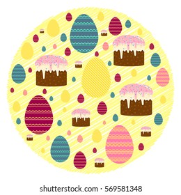 Vector illustration of bright colorful decorated Easter eggs and Easter cakes in marker drawn circle