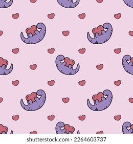 vector illustration. bright and colorful dinosaur with a heart in his hands. baby. toy. Dragon. animals. monsters. child. pink. love. pattern with cute dinosaurs. print