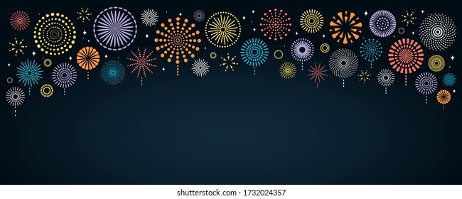 Vector illustration with bright colorful fireworks border on a dark blue background, space for text. Flat style design. Concept for holiday celebration, greeting card, poster, banner, flyer.