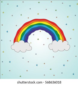 vector illustration bright colorful rainbow in kawaii style around a star, sky, clouds.