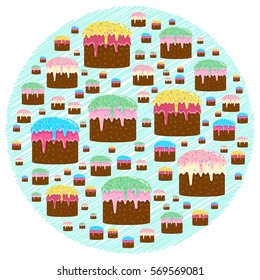Vector illustration of bright colorful tasty Easter cakes in circle with marker style