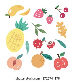 Vector illustration with bright colorful tropical fruits in doodle style isolated on white background. Hand drawn fruits collection: pineapple, lychee, orange, peach, strawberry, ginger root, apple.