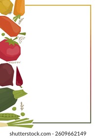 Vector illustration of a bright and colorful vegetable border design on a blank white background. Includes various vegetables like tomato, zucchini, and carrot, arranged vertically.